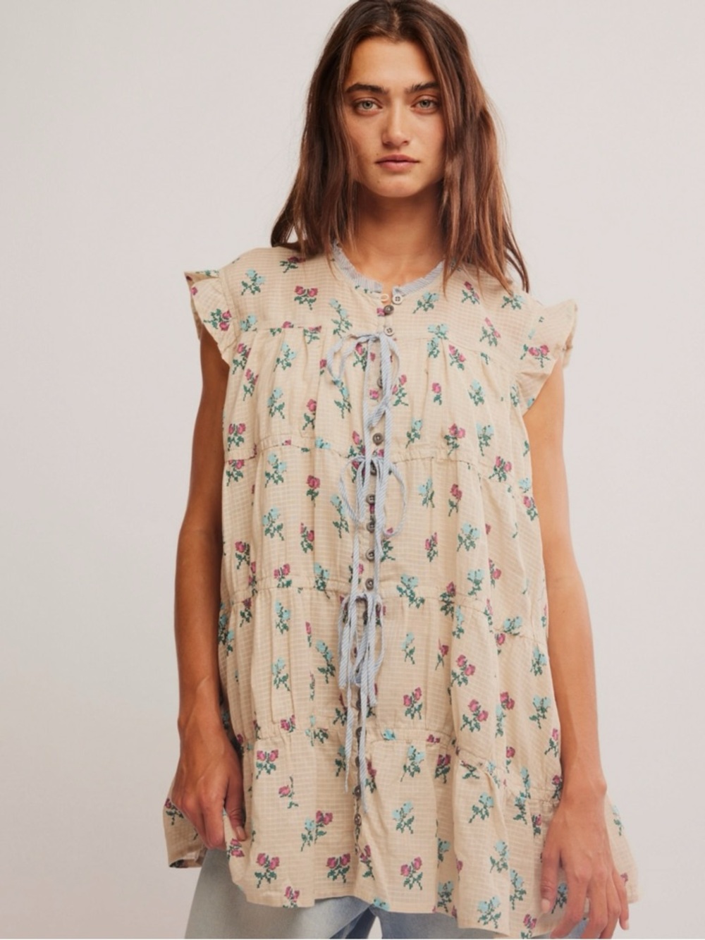 Free People Bohemian Prairie Sundown Mini Dress Tunic Top Ivory Combo Large - Picture 5 of 15